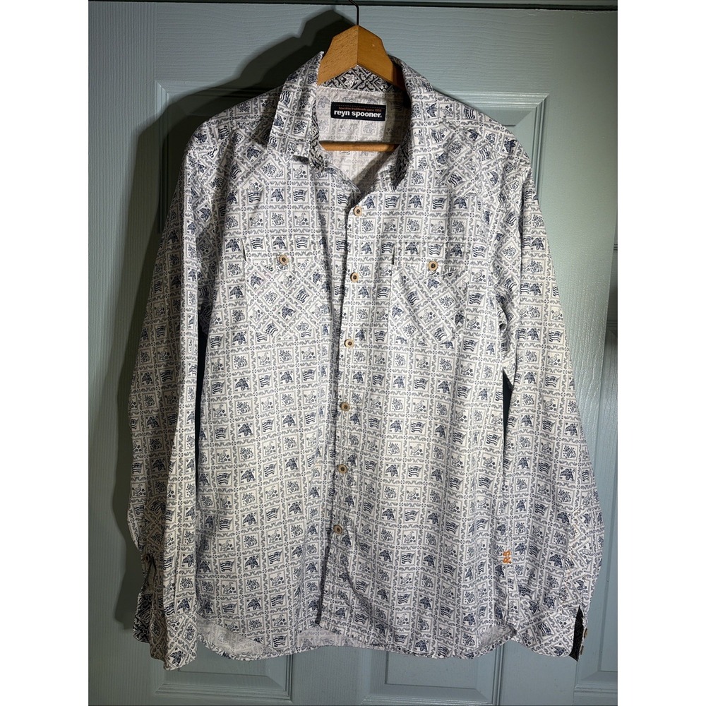 Reyn Spooner Classic Hawaiian Print White/Blue Men's XL Long Sleeve Shirt. NOTE